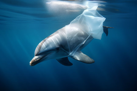dolphin swimming at the bottom of the sea with plastic bag. Underwater animals damaged by garbage in the water. ecological catastrophe. Plastic pollution in the ocean, generative aiの素材