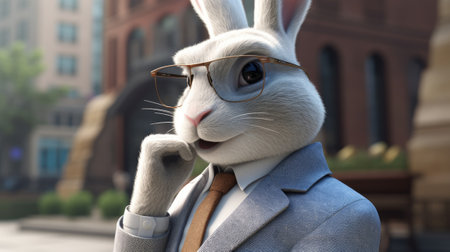 stylish urban rabbit in a suit thinking on the street, generative aiの素材