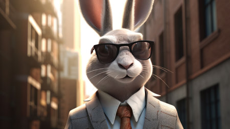 adult rabbit in a suit and sunglasses in the city, generative aiの素材