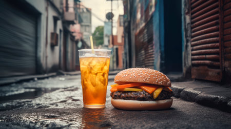 beef burger with cheese and soda in the middle of the street, generative aiの素材