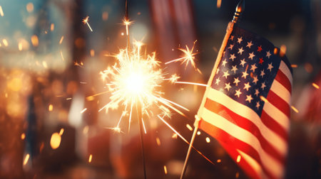 American flag waving at 4th of July party celebration with sparklers and fireworks, generative aiの素材
