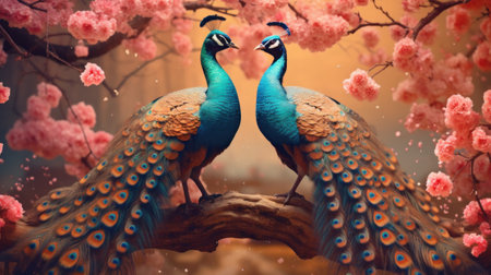 A pair of romantic peacock birds on a branch. love concept. creative AIの素材