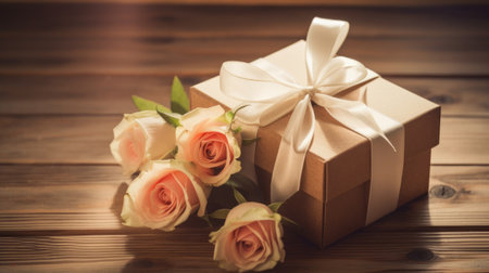 gift box and bouquet of roses on wood, generative aiの素材