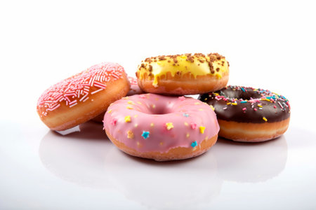 assortment of flavored and colored donuts isolated on white, generative aiの素材
