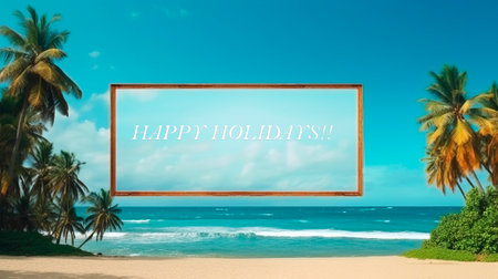billboard with summer text on paradise beach with palm trees and turquoise sea, generative aiの素材