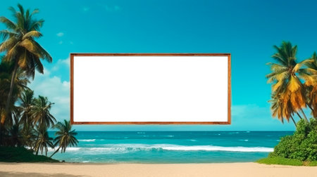 billboard with copy space on paradise beach with palm trees and turquoise sea, generative aiの素材