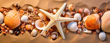 starfish and shells on sand, generative aiの素材
