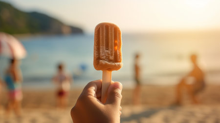hand with stick ice cream on the beach in summer, generative aiの素材