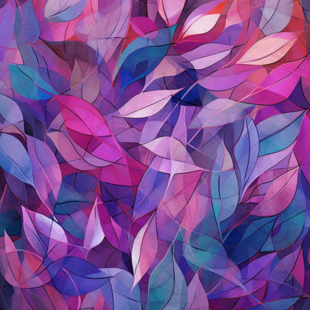 Beautiful background of an artistic abstract print of leaves in shades of purple, pink, and green. Generative AIの素材