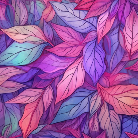 Beautiful background of an artistic abstract print of leaves in shades of purple, pink, and green. Generative AIの素材