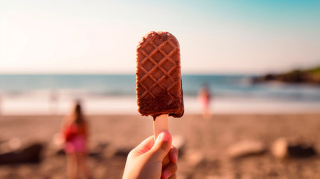 hand with ice cream on the beach in summer, generative aiの素材