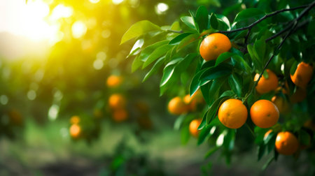 orange tree in foreground with farm field background, generative aiの素材