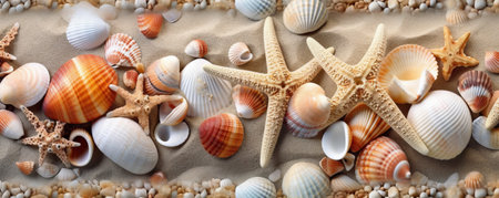collection of shells, conches and starfish on sand, generative aiの素材