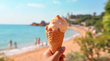hand with ice cream and summer beach background, generative aiの素材
