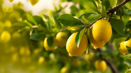 branch with lemons in foreground with agricultural field background, ai generativeの素材