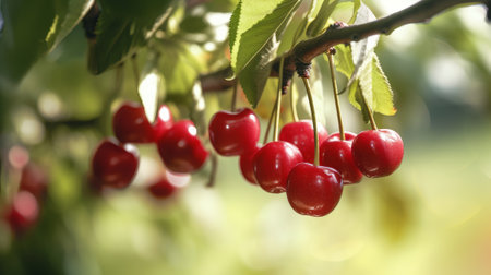 tasty natural organic cherries on the tree branch , generative aiの素材
