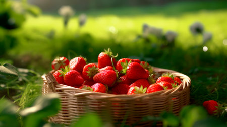 wicker basket full of tasty strawberries in the field , generative aiの素材