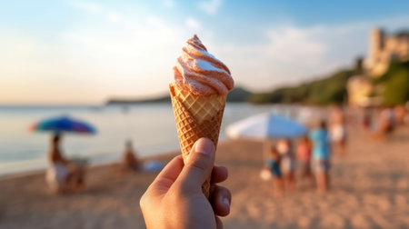 hand with ice cream and summer beach background, generative aiの素材