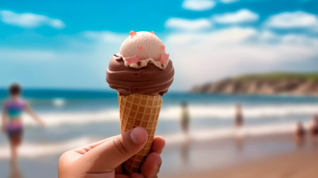 hand with ice cream cone flavors and beach background in summer, generative aiの素材