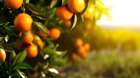 orange tree in foreground with farm field background, generative aiの素材