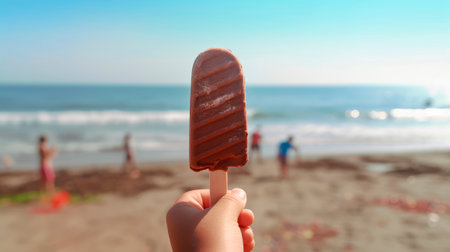 hand with ice cream on the beach in summer, generative aiの素材