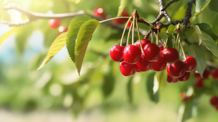 branch with cherries in the foreground with agricultural field background, ai generativeの素材