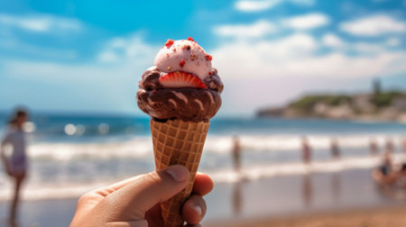 hand with ice cream cone flavors and beach background in summer, generative aiの素材