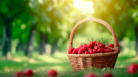 wicker basket full of tasty cherries in the field, generative aiの素材