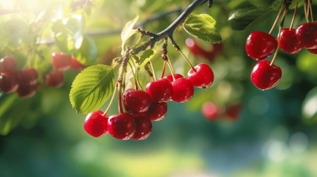 branch with cherries in the foreground with field background , ai generativeの素材