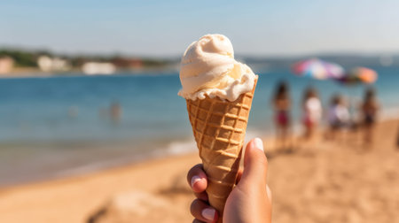 hand with ice cream and summer beach background, generative aiの素材