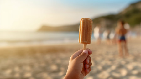 hand with stick ice cream on the beach in summer, generative aiの素材
