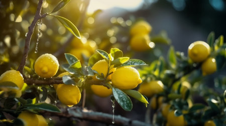 branch with lemons in foreground with agricultural field background, ai generativeの素材