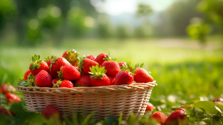 wicker basket full of tasty strawberries in the field , generative aiの素材