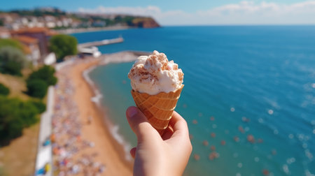 hand with ice cream and summer beach background, generative aiの素材