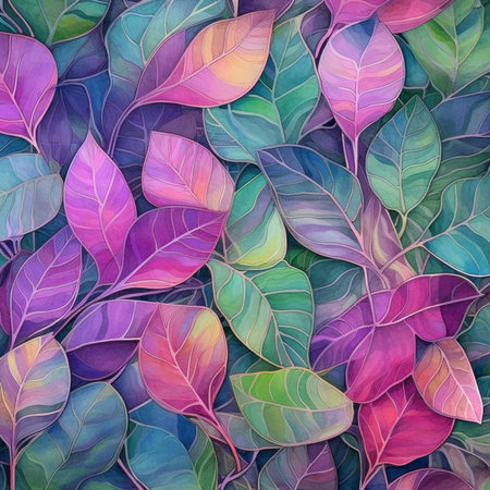 Beautiful background of an artistic abstract print of leaves in shades of purple, pink, and green. Generative AIの素材