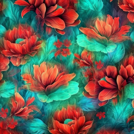 Beautiful blue and orange floral wallpaper, in the style of luminous watercolors. Generative AIの素材