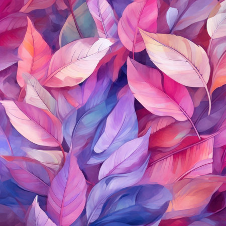 Beautiful background of an artistic abstract print of leaves in shades of purple, pink, and green. Generative AIの素材