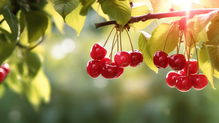 branch with cherries in the foreground with field background , ai generativeの素材
