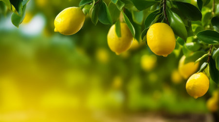 lemon tree in foreground with agricultural field background, ai generativeの素材