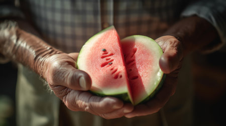 farmer with fresh watermelon in hands, generative aiの素材