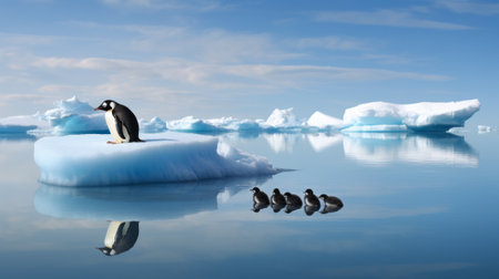 family of penguins on a melting ice floe representing climate change and global warmingの素材