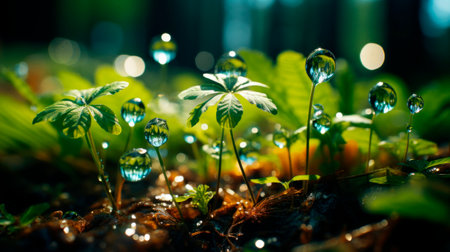 Water droplets on leaf in nature, macro. Many drops of morning dew sparkle in sunlightの素材