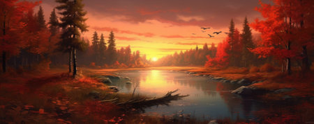 Colorful autumn landscape with trees and multicolored orange, red and yellow leaves. Extra wide panorama of a gorgeous forest in autumn. Beautiful panoramic background of fall seasonの素材