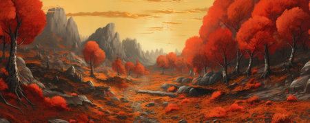 Beautiful view of autumn forest by the river at morning. Autumn background illustrationの素材