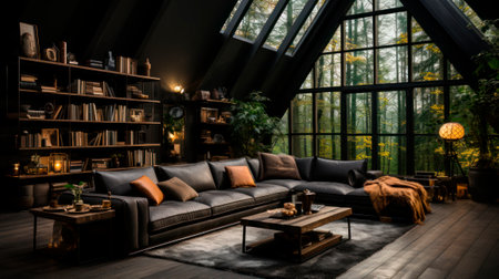 modern living room with bay window and autumn landscapeの素材