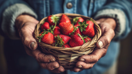 farmer hands with basket of strawberries in hands, generative aiの素材