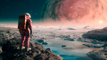 Astronaut standing on the moon looking towards a distant landの素材