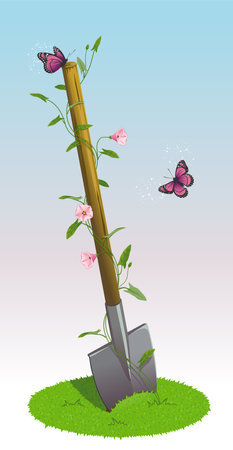A flower wrapped around a shovel stuck in the ground. Vector illustration on a garden themeのイラスト素材