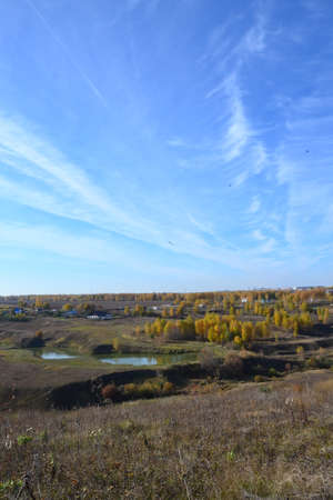 Nature of Russia, space, hills and trees, vast sky, Russian villageの写真素材