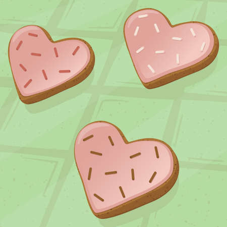Three soapy heart shaped cookies with pink icing and decorative sprinkles, vector illustrationのイラスト素材